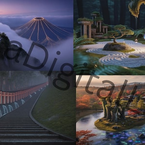 May include: A collage of four images featuring Japanese landscapes. One shows a mountain with a road, another a zen garden with glowing mushrooms, a third a path with red torii gates, and the last a temple by a river.