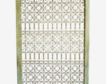 Large Green Wood Framed Open Iron Screen for Indoor or Outdoor Use