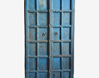 Antique India Set of Blue Doors with Intricate Carvings