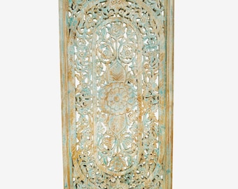 Vintage Blue Wash Wood Carved Panel - Hand Carved Floral Design