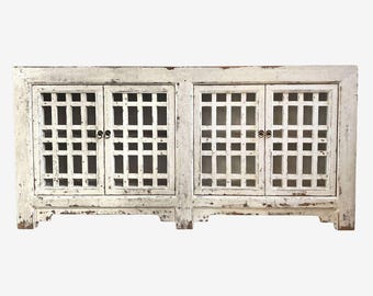 Worn White Lattice Door Sideboard