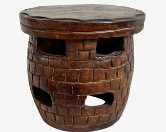 Vintage Mali Stool - Unique Brick Pattern & Carved Sun Design