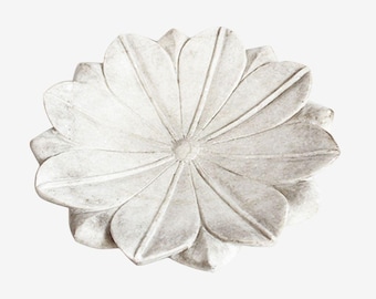 Hand Carved Small White Marble Lotus Plate - Unique Natural Veining