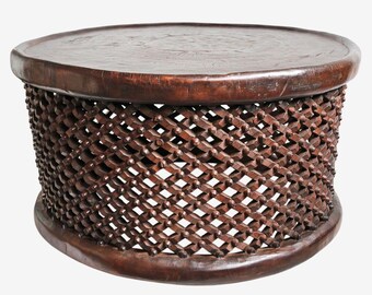 X-Large Vintage Bamileke Stool Table - Unique Carved Wood from Cameroon