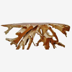May include: A coffee table featuring a smooth, flat, light brown wooden top supported by a base constructed from natural, interlocking tree roots. The base displays varied tones of tan and reddish-brown wood with organic, irregular shapes.