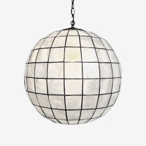May include: A spherical pendant light with a grid pattern. The light fixture is composed of white, square-shaped panels outlined with black lines. It hangs from a black chain, creating a modern and geometric design.