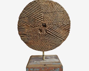 Antique Wood Grinder Wheel on Stand - Unique Display Piece