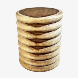 May include: A handcrafted wooden side table with a stacked, circular design. The top is a rich brown, while the sides are a lighter, natural wood tone. The table is approximately 18 inches tall and 14 inches in diameter, showcasing a rustic aesthetic.