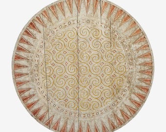 Round Toraja Wood Carved Panel – Geometric Design, Antiqued White Wash Finish (Ready to Hang)