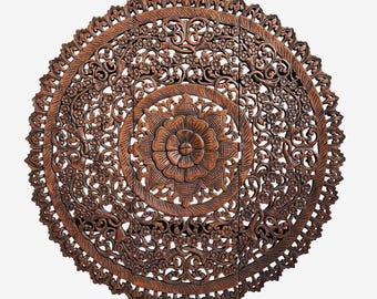 Hand Carved Teak Burmese Round Medallion - Intricate Floral Design
