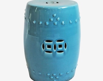 Hand Painted Blue Ceramic Garden Stool - Unique Outdoor Decor