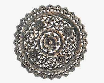 Antique Burn Medallion Carved Panel 18 - Intricate Floral Design