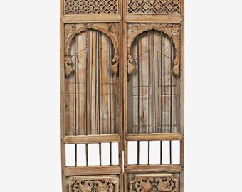 Antique 200-Year-Old Indian Carved Teak Window Facade for Unique Decor