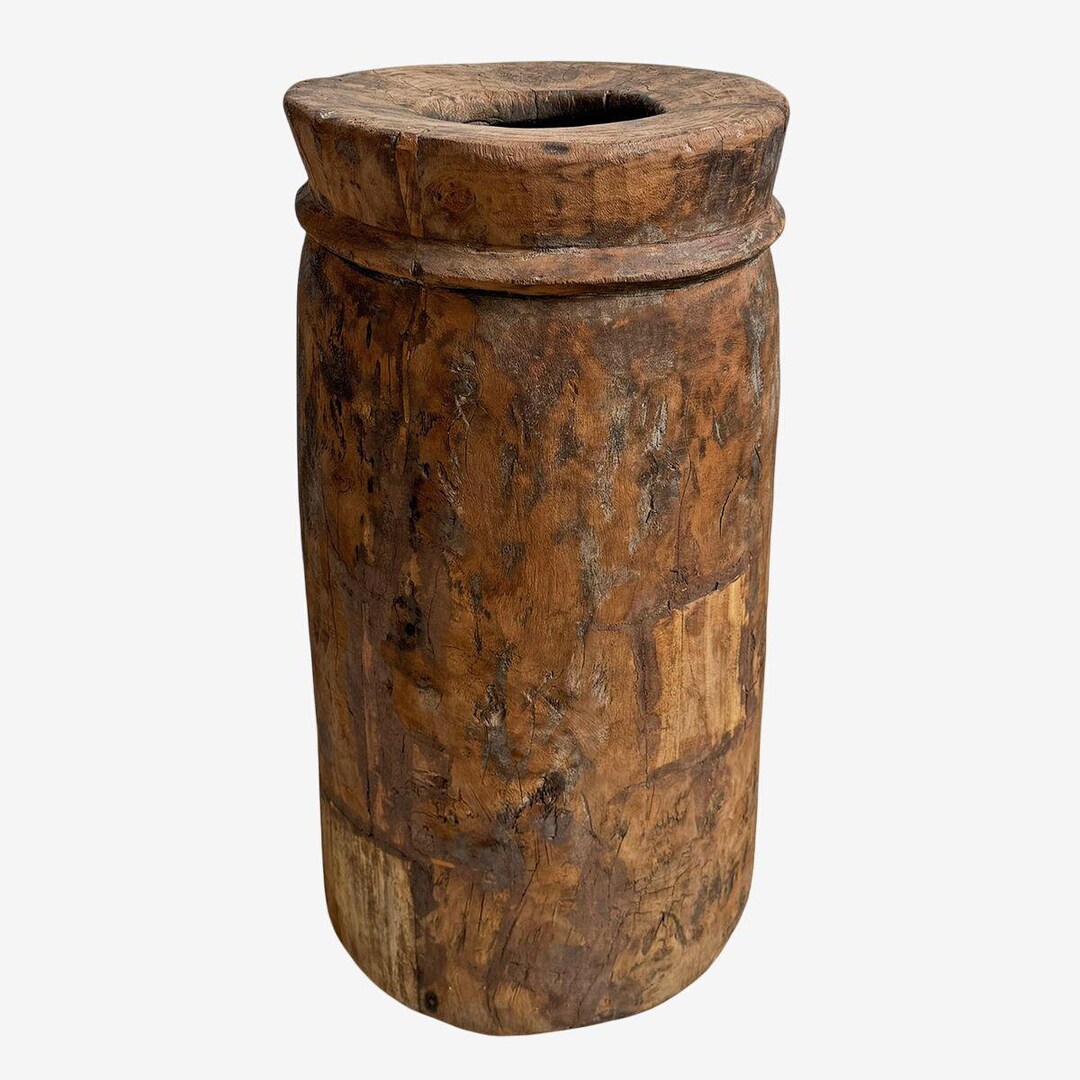 Antique Indian Wood Butter Pot - Unique Handcrafted Churn From North ...