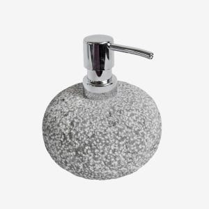 May include: A round, gray speckled soap dispenser with a shiny chrome pump. The dispenser has a textured, stone-like appearance, adding a touch of natural elegance to any bathroom or kitchen. The pump is designed for easy dispensing of liquid soap.