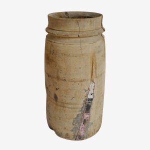Old India Lassi Wood Pot – Teak Urn with Metal Patches
