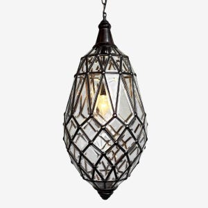 Bevel Glass Pine Cone Pendant Light - Handcrafted Lantern with Chain