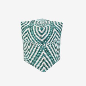 May include: A square, beaded hat with a geometric pattern. The hat features a teal, white, and off-white design. The pattern consists of chevron and triangular shapes, creating a textured appearance. The hat is likely handmade and suitable for special occasions.