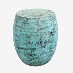 Hammered Copper Barrel Side Table or Stool with Verdigris Finish