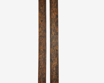 Antique Chinese Hand Carved Sign Panels - Aged Patina & Gold Remnants