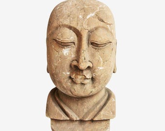 Antique Hebei Sandstone Carved Monk Head Figure - 150 Years Old