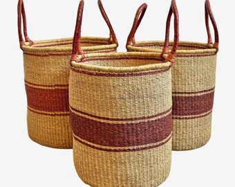 Set of 3 Handwoven Bolga Baskets with Leather Handles - Rustic Storage