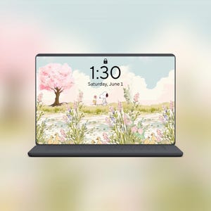 May include: A tablet displaying a whimsical digital illustration featuring Snoopy and Woodstock in a field with a pink cherry blossom tree. The screen shows the time as 1:30 and the date as Saturday, June 1.