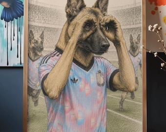 Lámina artística de perro pastor belga malinois futbolista, póster de celebración con manos en forma de corazón (descarga digital)