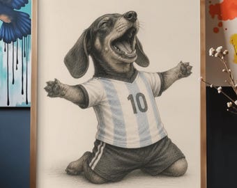Paquete de láminas decorativas con divertidos diseños de perros salchicha jugando al fútbol, ideales para decorar la pared con motivos de mascotas (descarga digital).