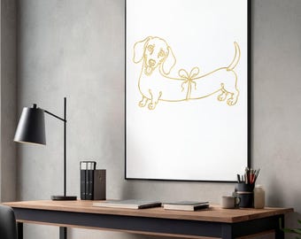 Juego de láminas decorativas con diseño de perro salchicha en dorado, decoración minimalista para pared (descarga digital)