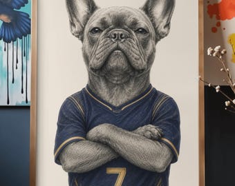 Lámina artística de bulldog francés jugando al fútbol, decoración de pared con estilo vintage para mascotas deportivas (descarga digital)