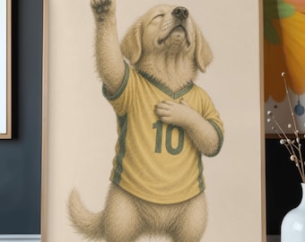 Lámina artística de Golden Retriever jugando al fútbol, decoración vintage para pared con temática deportiva de cachorros (descarga digital)