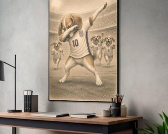 Cuadro decorativo de Beagle, imprimible de perro de fútbol de EE. UU. con divertida celebración de gol.