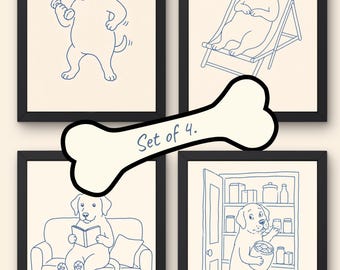 Juego de láminas con dibujos lineales de perros Labrador, decoración de pared con estilo de dibujos animados, ideal para la habitación infantil o sala de juegos (descarga digital).
