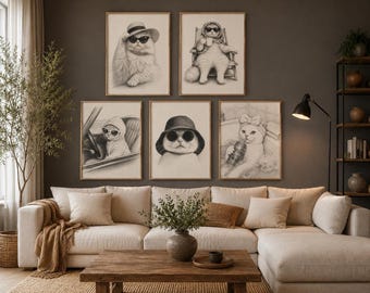 Lote de láminas decorativas de gatos para pared / 5 láminas con bocetos a lápiz / Decoración minimalista para el hogar / Láminas decorativas digitales para imprimir