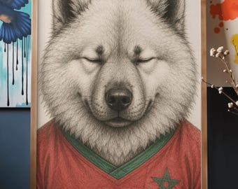 Lámina decorativa imprimible con la camiseta de fútbol de Marruecos para perros, póster de los Leones del Atlas, divertida ilustración de mascota marroquí, regalo para aficionados al deporte (descarga digital).