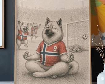 Juego de 4 láminas de perros futbolistas de Noruega, divertido conjunto de arte mural de fútbol con samoyedos, póster de mascota con camiseta noruega, descarga digital para decoración de habitaciones infantiles