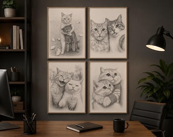 Set de 8 dibujos a lápiz de una linda pareja, impresión digital de un divertido selfie felino, ideal para la pared de la sala de estar o como regalo original para amantes de las mascotas.