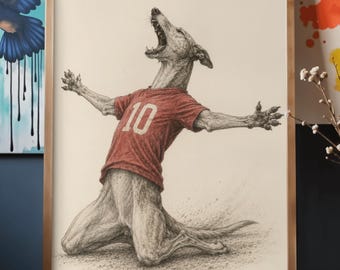 Lámina divertida de celebración futbolística con perro, arte futbolístico español, decoración para aficionados de La Roja (descarga digital)