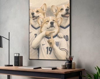 Arte de fútbol Corgi, juego de 5 láminas de arte mural de perros de fútbol de Inglaterra