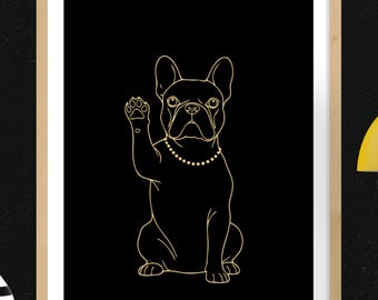 Juego de láminas decorativas con diseño de bulldog francés en dorado, estilo minimalista (descarga digital).