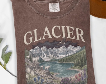 Vintage Glacier National Park Tee, Montana Mountain Lake Illustration Graphic Shirt, Travel Nature Comfort Colors® Top Gift