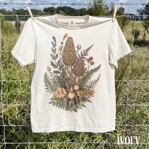 Vintage Morel Mushroom Tee, Wildflower Forest Fungi Illustration Graphic Shirt, Cottagecore Nature Comfort Colors® Top