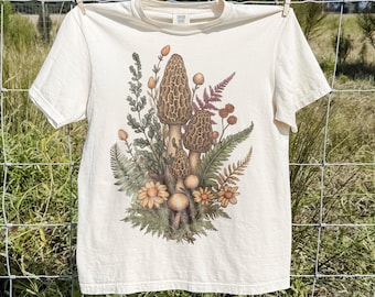 Vintage Morel Mushroom Tee, Wildflower Forest Fungi Illustration Graphic Shirt, Cottagecore Nature Comfort Colors® Top