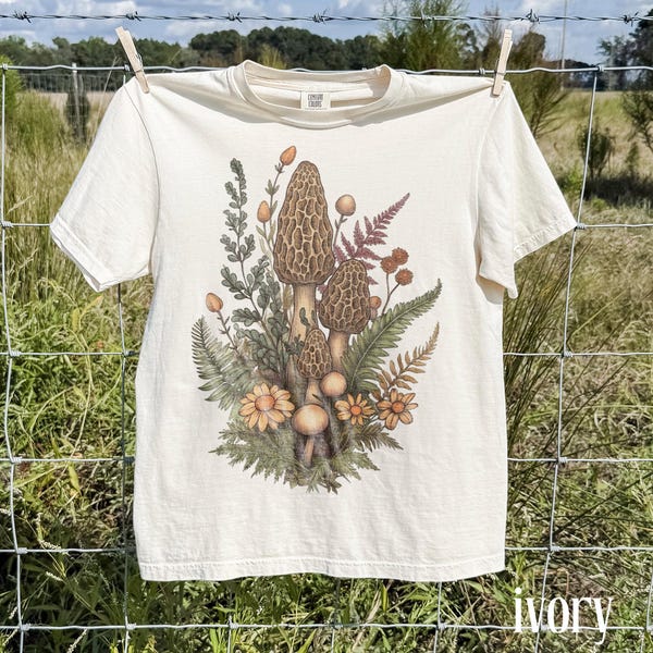 Vintage Morel Mushroom Tee, Wildflower Forest Fungi Illustration Graphic Shirt, Cottagecore Nature Comfort Colors® Top