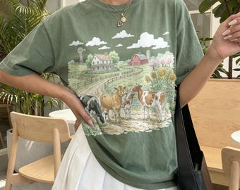 Camiseta vintage de vaca de granja, camiseta gráfica con ilustración de pasto campestre, camiseta rústica de estilo granja Comfort Colors®