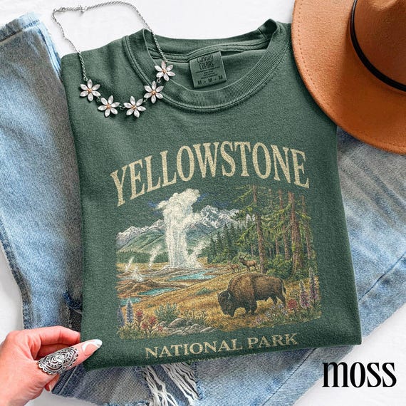 Vintage Yellowstone National Park Tee, Bison Geyser Mountain Landscape Illustration Graphic Shirt, Wyoming Nature Comfort Colors® Top Gift