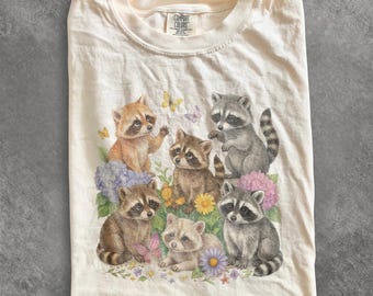 Vintage Raccoon Garden Tee, Cute Floral Raccoon Illustration Graphic Shirt, Animal Lover Comfort Colors® Top Gift