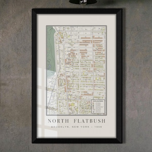 Vintage Flatbush Map, 1908 Prospect Lefferts Gardens Print, Historic Cartography, NYC Brownstone Art, Restored Print, Oak Framed Giclée