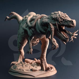May include: A detailed sculpture of a Tyrannosaurus Rex with tentacles emerging from its back and mouth. The dinosaur is light brown with a detailed texture, standing on a rocky base. The tentacles add a unique, monstrous element to the design.